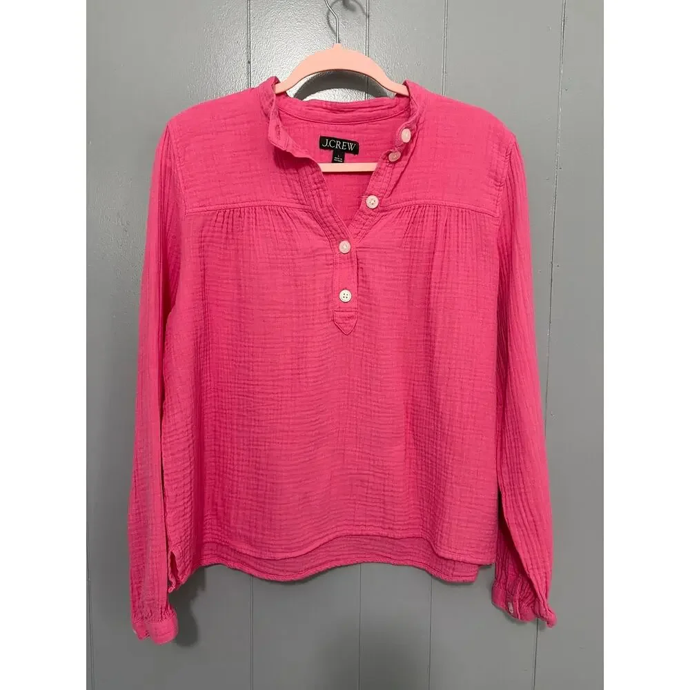 J. Crew Pink Soft Gauze Cotton Fresco Popover Long Sleeve Relaxed Fit Top L